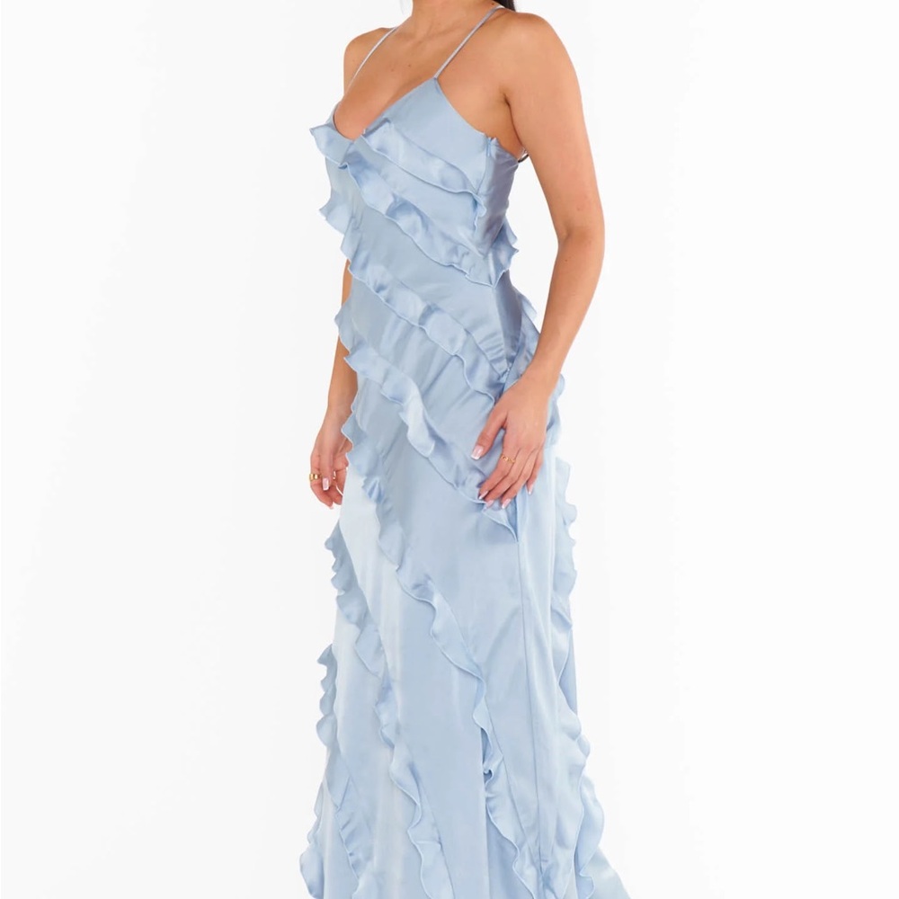 Romance Ruffle Dress || Steel Blue Luxe Satin